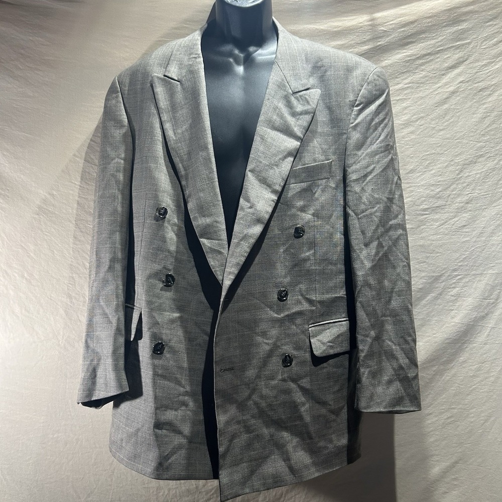 Vintage J. Riggings Mens 42R Double Breasted Blazer Grey Plaid 100% Wool Suit